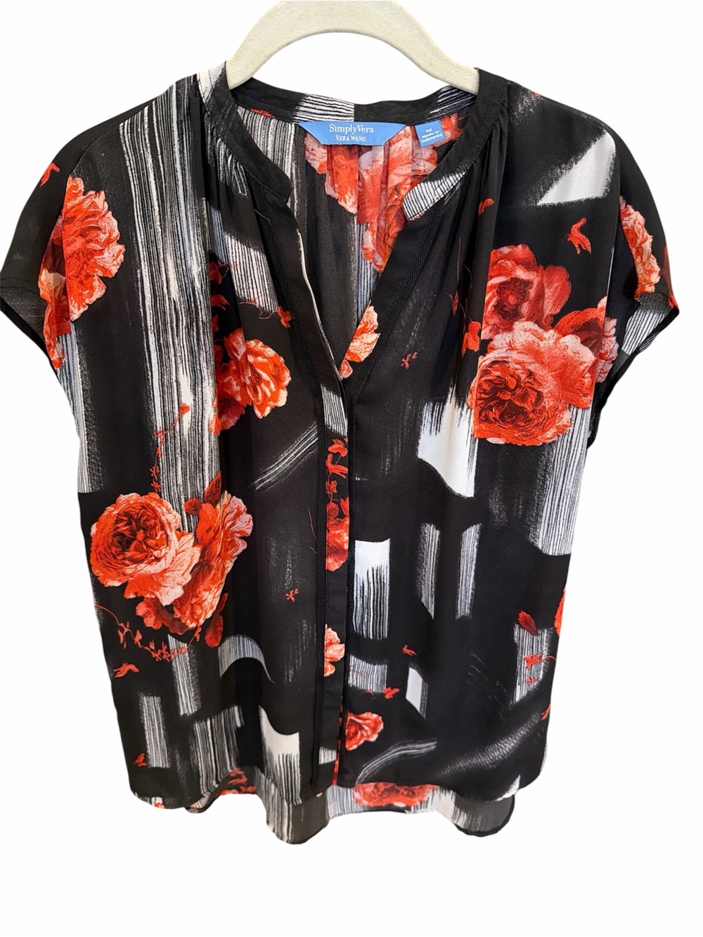 Simply Vera Vera Wang Black Short-Sleeve Blouse with Red Floral Print